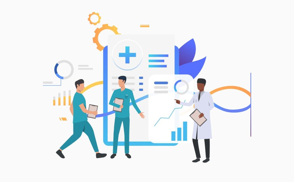 Doctor and technicians discussing medical record vector